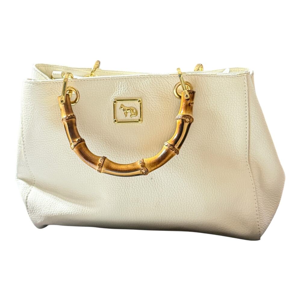 Emma Fox Juno? White Pebbled Leather Bamboo Handle Satchel Purse Gold Tote Bag